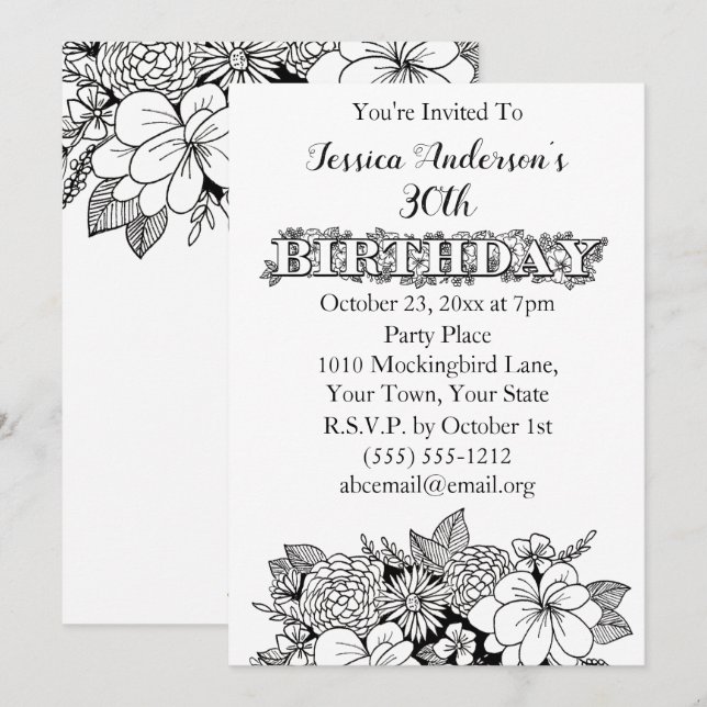 Invitación de cumpleaños trigésimo 30º negro flora (Anverso / Reverso)