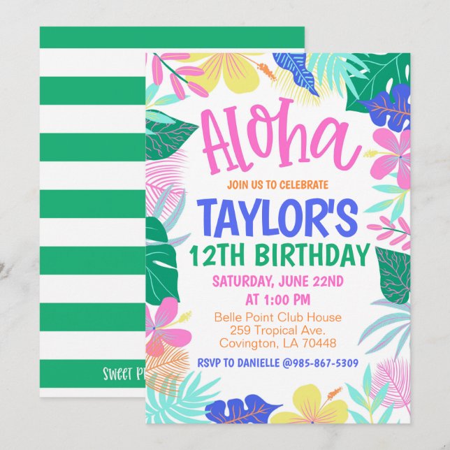 Invitación de cumpleaños tropical (Anverso / Reverso)