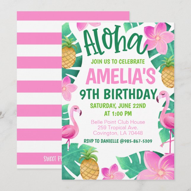 Invitación de cumpleaños tropical (Anverso / Reverso)