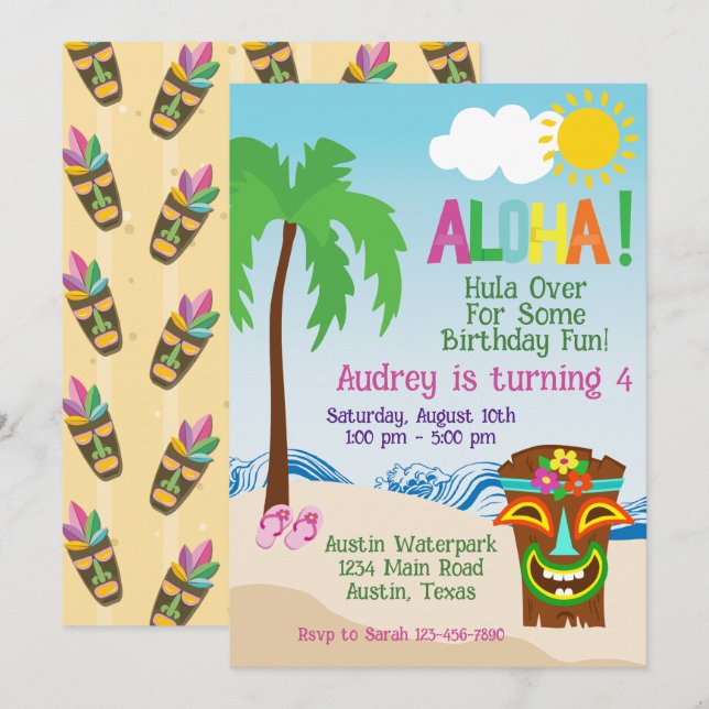 Invitación de cumpleaños Tropical Beach Aloha Luau (Anverso / Reverso)