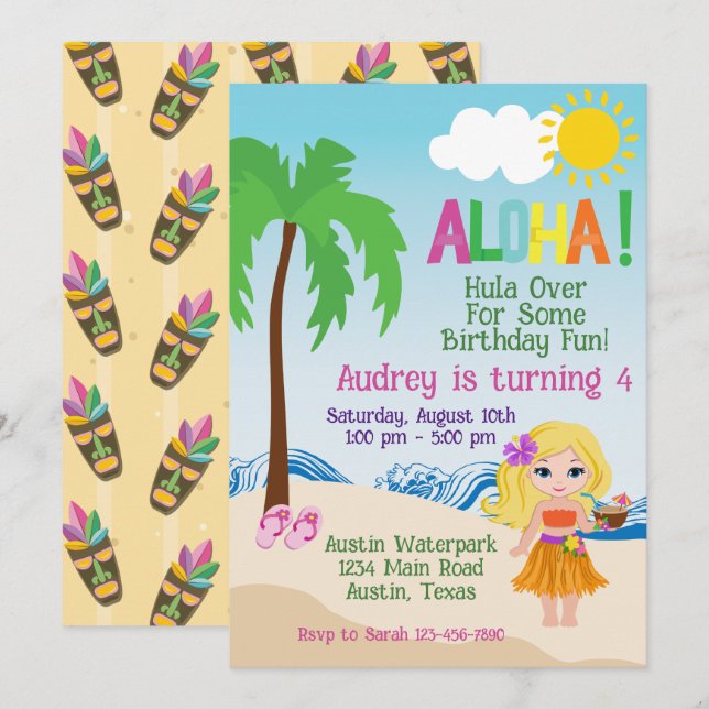 Invitación de cumpleaños Tropical Beach Aloha Luau (Anverso / Reverso)