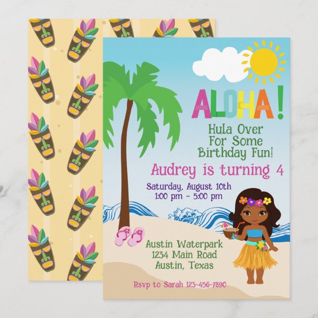 Invitación de cumpleaños Tropical Beach Aloha Luau (Anverso / Reverso)