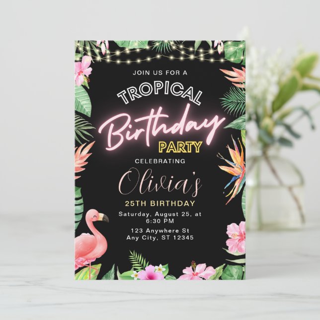 Invitación de cumpleaños tropical, cumpleaños de n (Anverso de pie)
