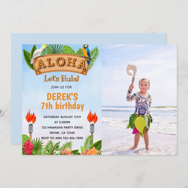 Invitación de cumpleaños tropical de Aloha con fot (Anverso / Reverso)