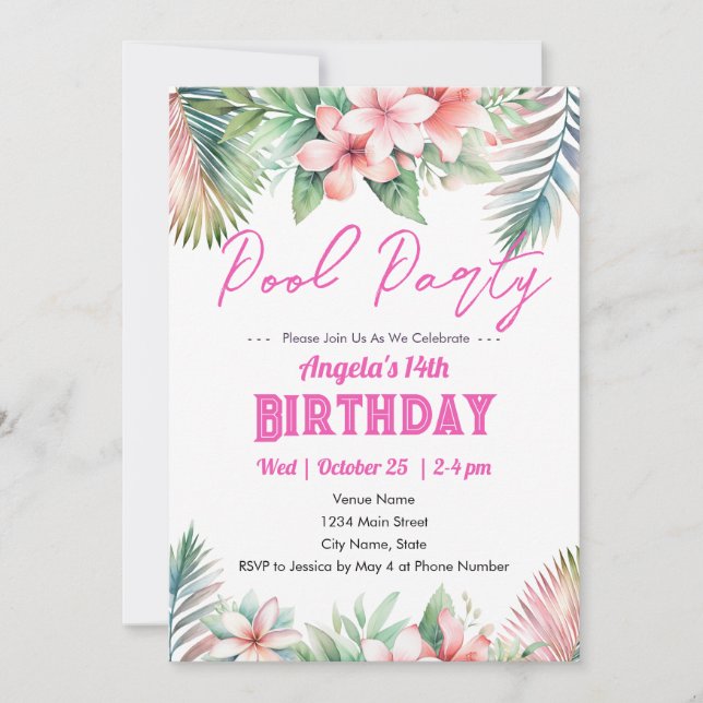 Invitación de cumpleaños tropical de chica adolesc (Anverso)