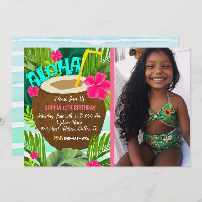 Invitación de cumpleaños tropical de Coconut Aloha (Anverso / Reverso)