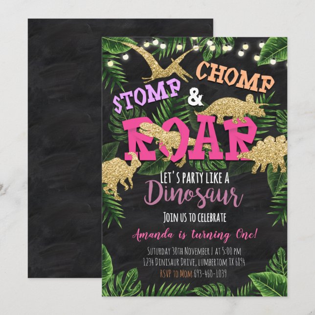 Invitación de cumpleaños tropical de dinosaurio ch (Anverso / Reverso)