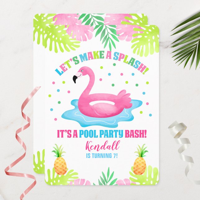 Invitación de cumpleaños tropical de fiesta en la  (Flamingo Pool Party Birthday Invitation)