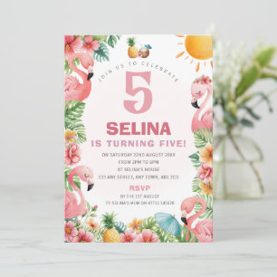 Invitación de cumpleaños tropical de flamenco rosa
