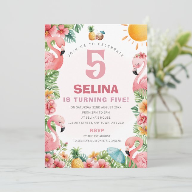 Invitación de cumpleaños tropical de flamenco rosa (Anverso de pie)
