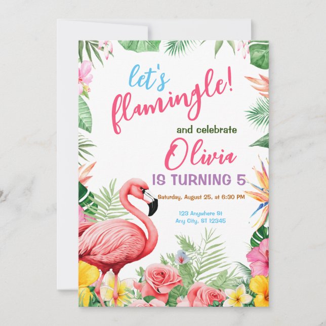 Invitación de cumpleaños tropical de flamenco vera (Anverso)