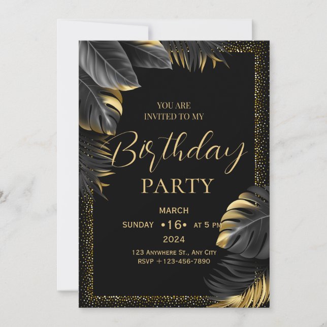Invitación de cumpleaños tropical de oro negro (Anverso)