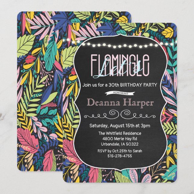 Invitación de cumpleaños tropical Let's Flamingle (Anverso / Reverso)