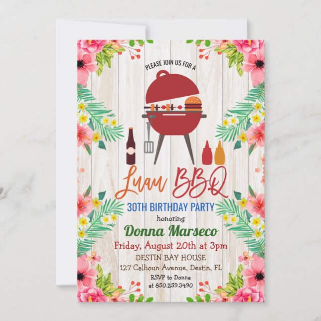 Invitación de cumpleaños tropical Luau Aloha BBQ (Anverso)