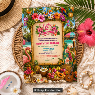 Invitación de cumpleaños tropical Luau Flamingle