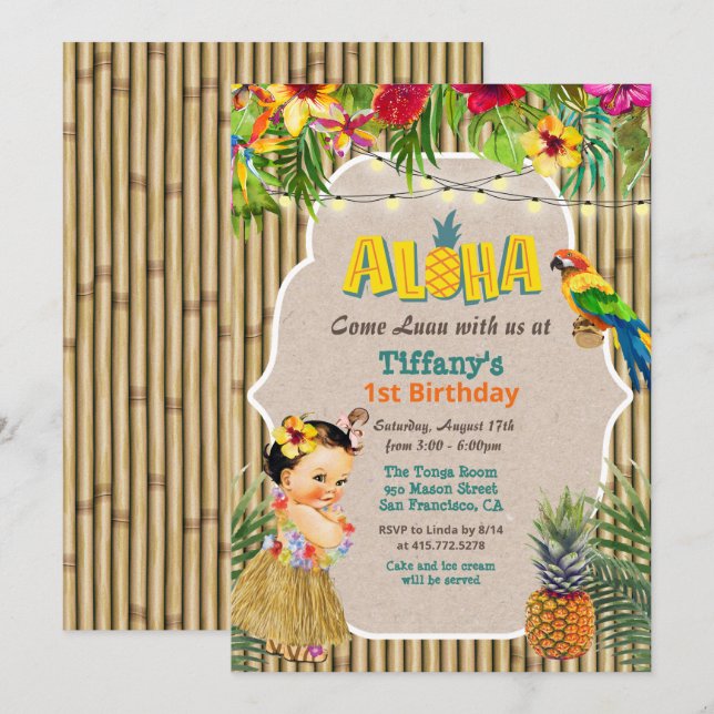 INVITACIÓN DE CUMPLEAÑOS TROPICAL LUAU PARA CUALQU (Anverso / Reverso)