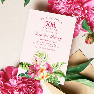 Invitación de cumpleaños tropical rosada