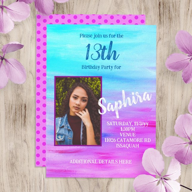 Invitación de cumpleaños turquesa brillante de col (hot pink magenta, turquoise young woman, teen birthday party invite, 13th birthday, photo card)