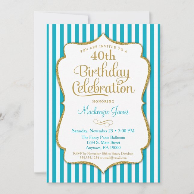 Invitación de cumpleaños Turquoise Aqua Gold Adole (Anverso)