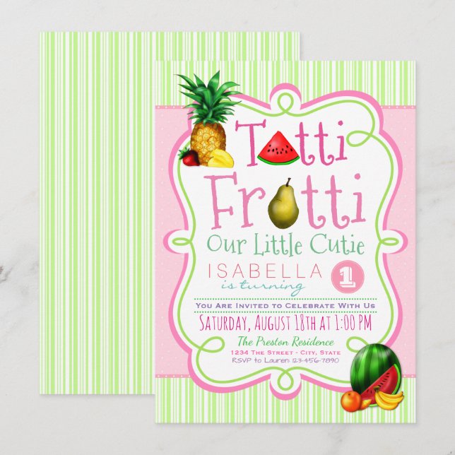 Invitación de cumpleaños Tutti Frutti (Anverso / Reverso)