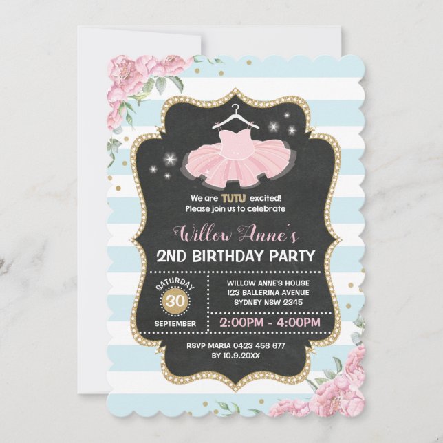 Invitación de cumpleaños Tutu Ballerina Blue Pink  (Anverso)