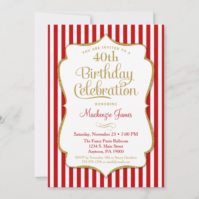 Invitación de cumpleaños Tween Oro Rojo Adulto (Anverso)