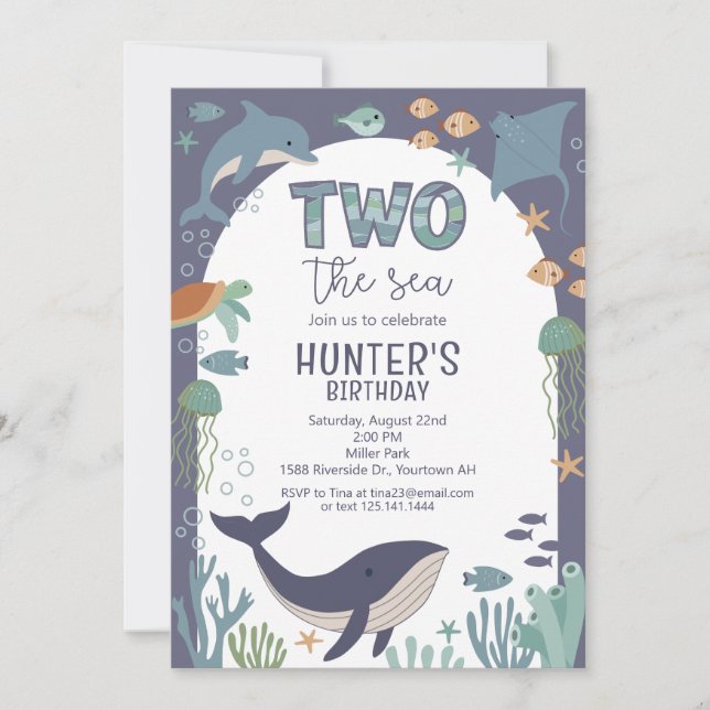 Invitación de cumpleaños TWO al mar océano (Anverso)