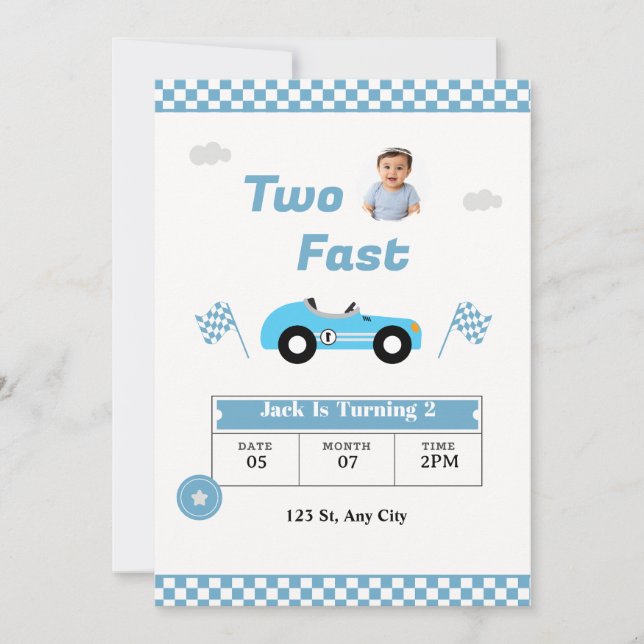 Invitación de cumpleaños Two Fast para niño | Coch (Anverso)