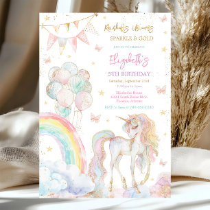 Invitación de cumpleaños Unicornio Arcoíris Dorado