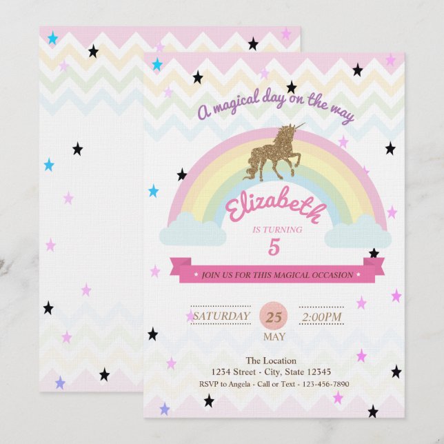 Invitación de Cumpleaños Unicornio Brillante, Estr (Anverso / Reverso)