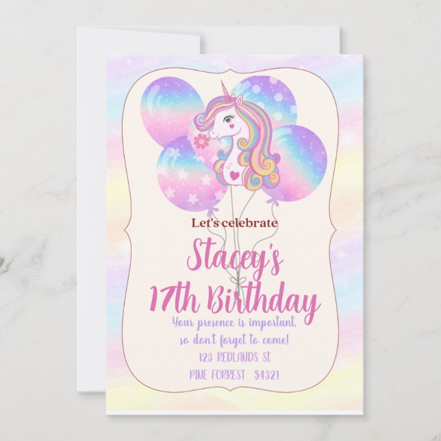 Invitación de cumpleaños Unicornio Brillos y Globo (Anverso)