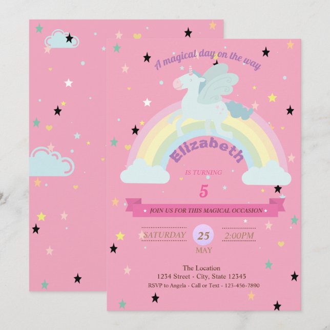 Invitación de cumpleaños Unicornio, estrellas arco (Anverso / Reverso)