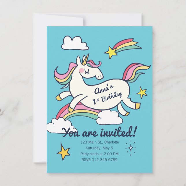 Invitación de cumpleaños - Unicornio estrellas y a (Reverso)