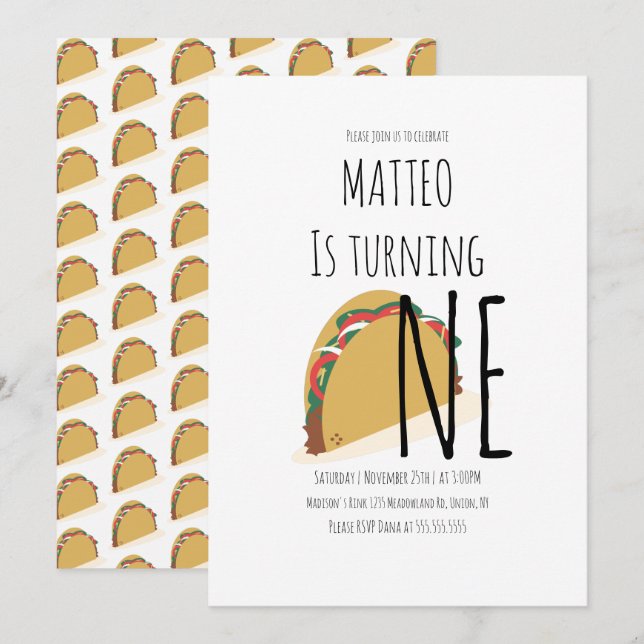Invitación de cumpleaños uno con patrón de taco mo (Anverso / Reverso)