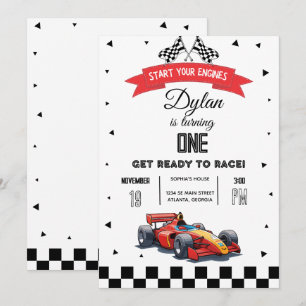 Invitación de cumpleaños uno del coche de carreras