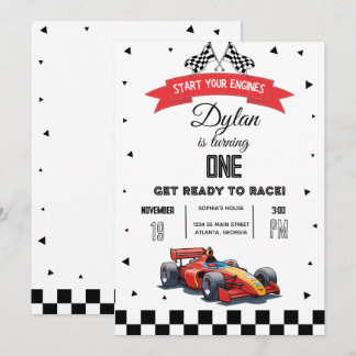 Invitación de cumpleaños uno del coche de carreras