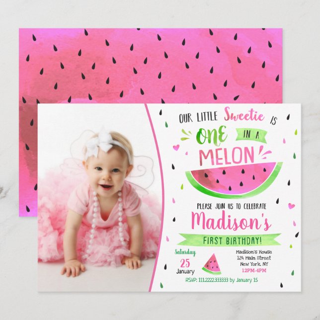 Invitación de cumpleaños uno en un melón (Anverso / Reverso)