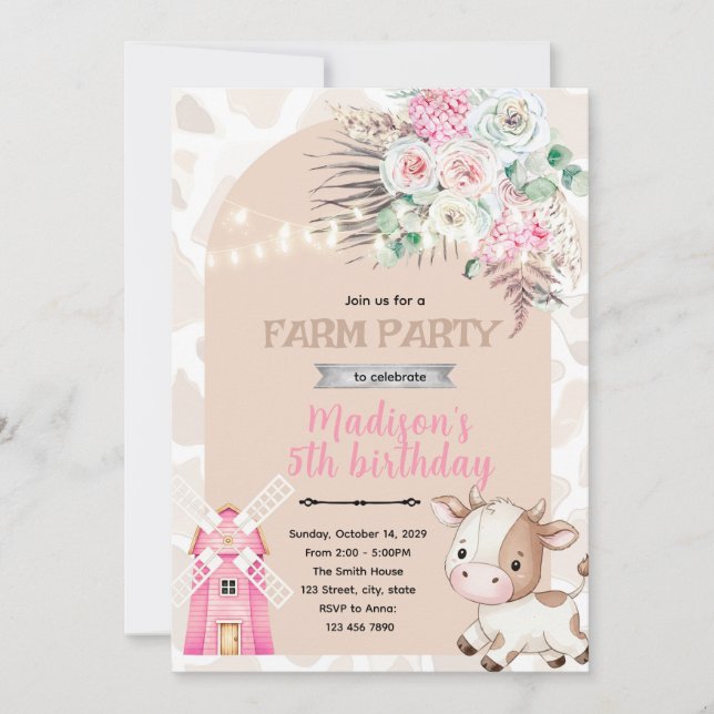 invitación de cumpleaños vaca boho (Anverso)