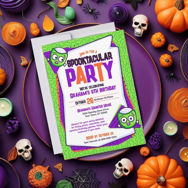Invitación de cumpleaños verde a los zombies en Sp (Spooky invite perfect for cute Halloween parties or birthdays. Green card featuring zombies)