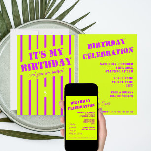 Invitación de cumpleaños verde amarillo púrpura ne