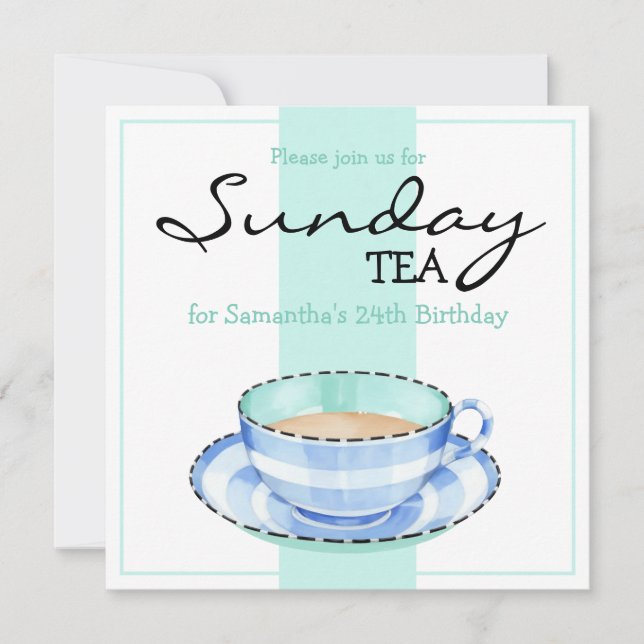 Invitación de cumpleaños verde azul blanco teacup (Anverso)