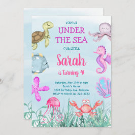 Invitación de cumpleaños verde azulada bajo el mar