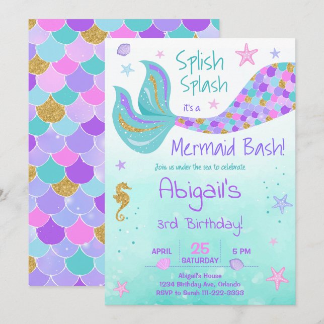 Invitación de cumpleaños Verde azulado a la Sirena (Anverso / Reverso)
