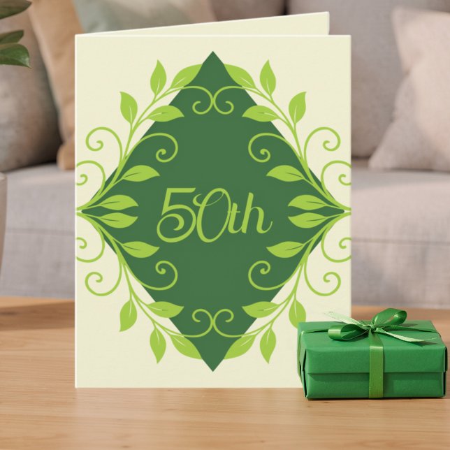 Invitación de cumpleaños verde botella con enredad (Celebrate 50 in style. Dark green diamond, leafy vines, and customizable text. )