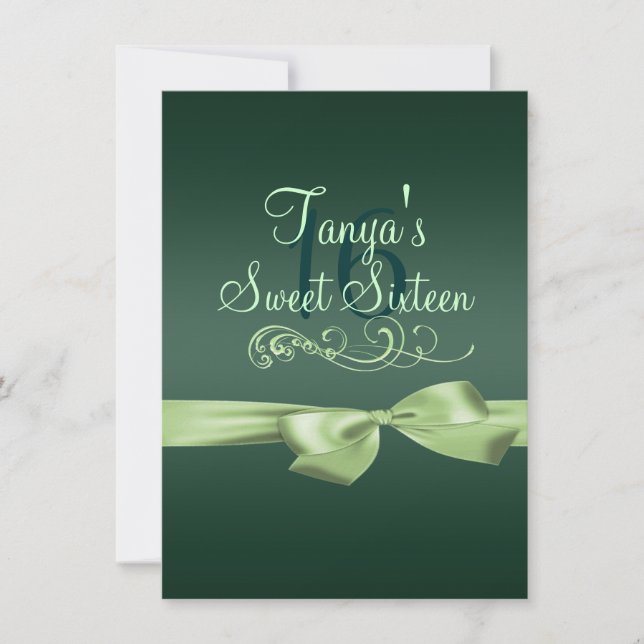 Invitación de cumpleaños verde con remolino y lazo (Anverso)