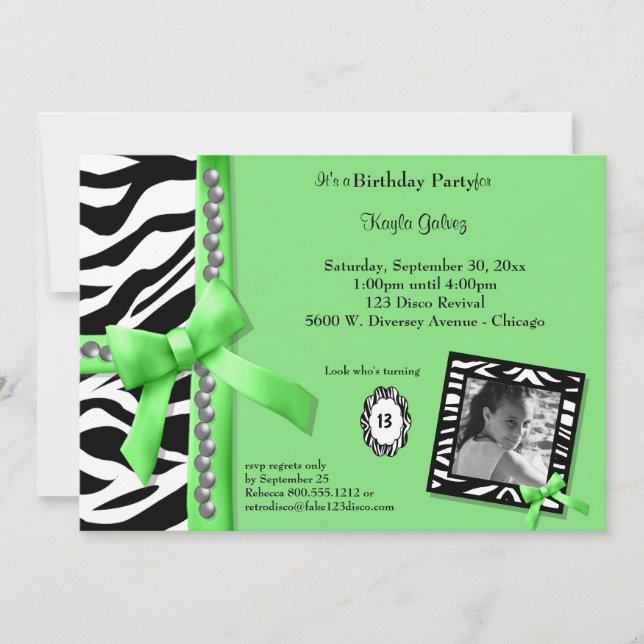 Invitación de Cumpleaños Verde Lima y con Rayas de (Anverso)