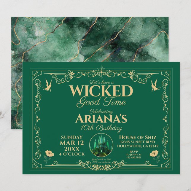 Invitación de cumpleaños verde para una fiesta mal (Anverso / Reverso)