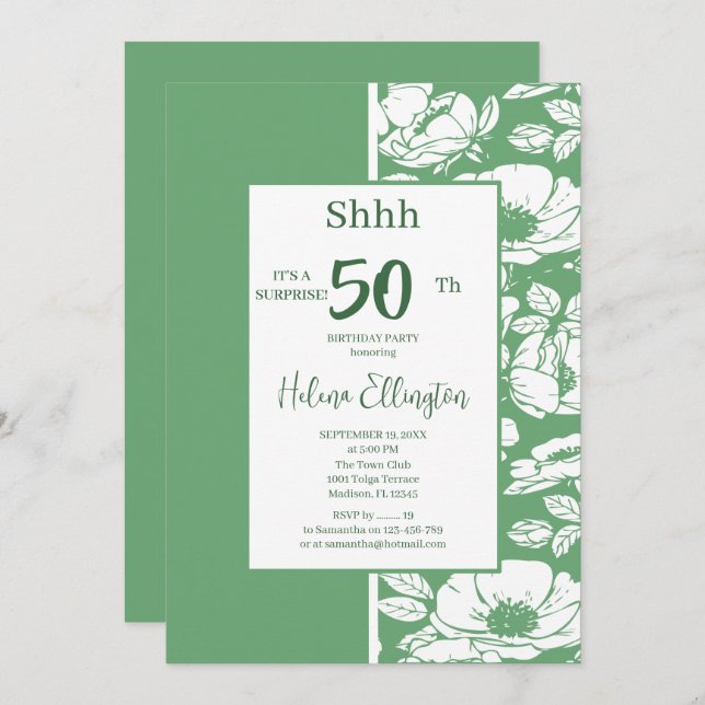 Invitación de cumpleaños verde sage (Anverso / Reverso)