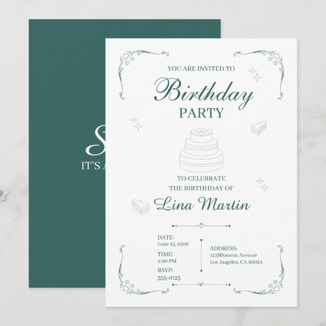 Invitación de cumpleaños verde salvia oscura (Anverso / Reverso)