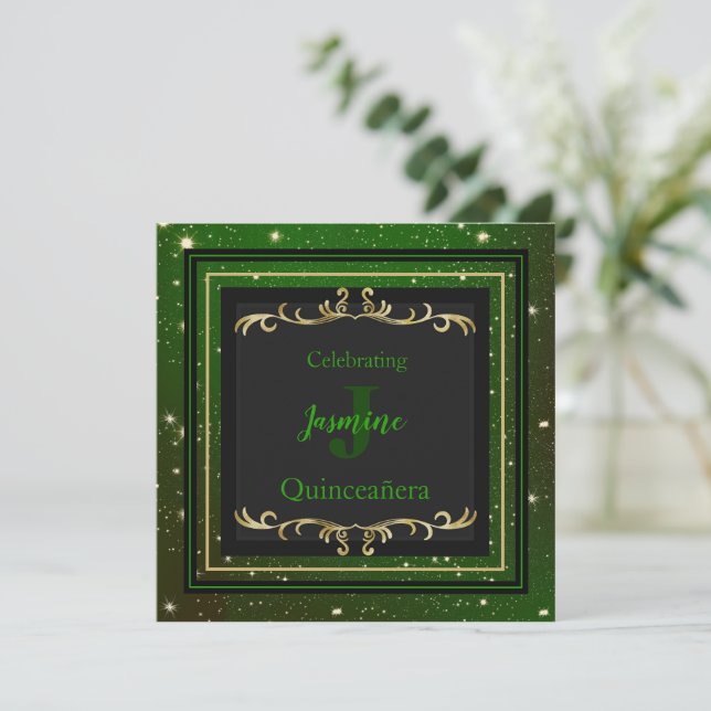 Invitación de cumpleaños verde y dorado espumoso (Anverso de pie)
